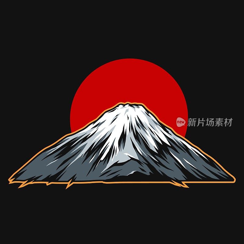 Fujiyama mountain on red sun background